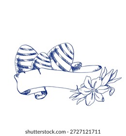 Fröhliche Ostergravuren Tintengrafik mit gestreiften Eiern, Papier Banner mit Frühlingsblumen dekoriert. Handgezeichnete monochrome Doodle-Malerei, Frühlingsfestmalerei für religiöse Poster, Einladung.