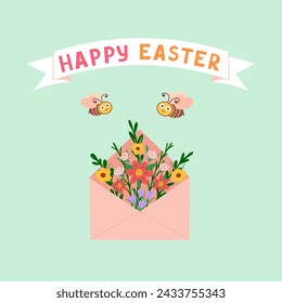 Happy Easter, envelope with flowers. Vector Illustration for printing, backgrounds, covers and packaging. Image can be used for cards, posters, stickers and textile. Isolated on white background.