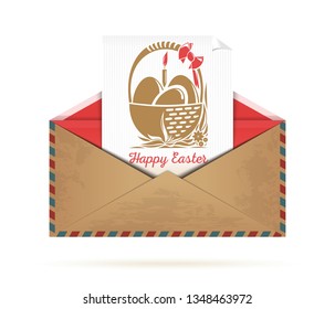 Happy Easter. Envelope with retro Easter greeting card. Vector illustration