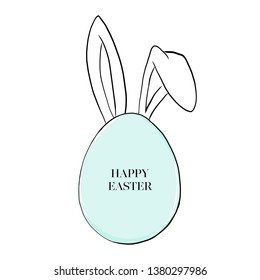 Happy Easter everyone. Big blue easter egg with bunny ears. Black and white icon, egg logo, rabbit vector, easter icon, sign