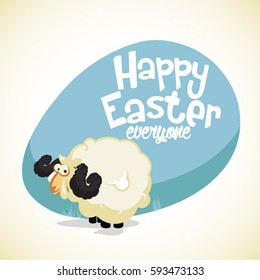 Happy Easter Everyone. Greeting Card With Big Blue Easter Egg And Funny Sheep.