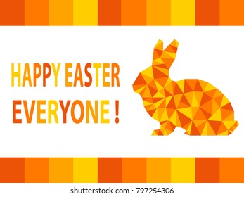 Happy Easter Everyone Greeting Card, Banner with gradient orange color with rabbit in polygon vector