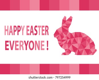 Happy Easter Everyone Greeting Card, Banner with gradient pink color with rabbit in polygon vector