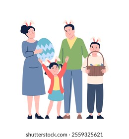 Happy easter family characters. Parents with children and easter decorations, eggs in basket, bunny ears on heads. Spring festival recent vector scene