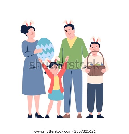 Happy easter family characters. Parents with children and easter decorations, eggs in basket, bunny ears on heads. Spring festival recent vector scene