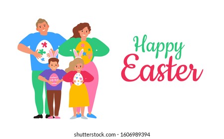 happy easter family holding decorative eggs vector illustration