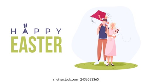 Feliz Pascua. Actividad de vacaciones en familia. Papá, mamá, niños volando cometas afuera. Actividades de primavera juntas. Ilustración de vector de dibujos animados.