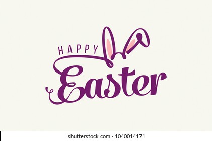 Happy Easter Fashion Style Calligraphy with Bunny ears Illustration on Bright Background.