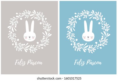 Happy Easter - Feliz Pascoa, Portuguese Easter Wishes. Lovely Easter Vector Illustration with Bunny in a Floral Round Shape Wreath. White Easter Bunny Isolated on a Gray and Blue Background. 