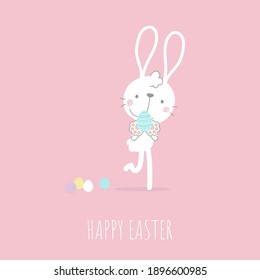 happy easter festival with animal pet bunny rabbit and egg, pastel color, flat vector illustration cartoon character