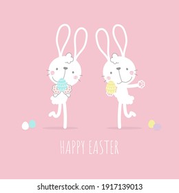 happy easter festival with animal pet bunny rabbit and egg, pastel color, flat vector illustration cartoon character