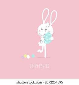 happy easter festival with animal pet bunny rabbit and egg, pastel color, flat vector illustration cartoon character