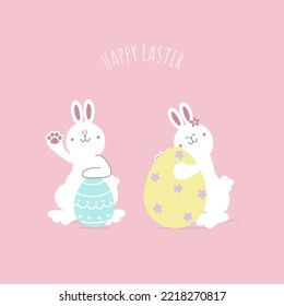 happy easter festival with animal pet bunny rabbit and egg, pastel color, flat vector illustration cartoon character