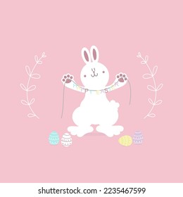 happy easter festival with animal pet bunny rabbit and egg, pastel color, flat vector illustration cartoon character
