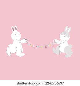 happy easter festival with animal pet bunny rabbit and egg, pastel color, flat vector illustration cartoon character