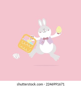 happy easter festival with animal pet bunny rabbit and egg, pastel color, flat vector illustration cartoon character