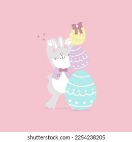 happy easter festival with animal pet bunny rabbit and egg, pastel color, flat vector illustration cartoon character