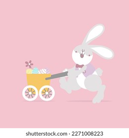 happy easter festival with animal pet bunny rabbit and egg, pastel color, flat vector illustration cartoon character