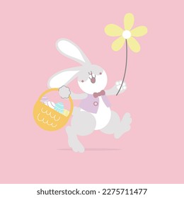 happy easter festival with animal pet bunny rabbit and egg, pastel color, flat vector illustration cartoon character