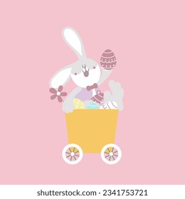 happy easter festival with animal pet bunny rabbit and egg, pastel color, flat vector illustration cartoon character