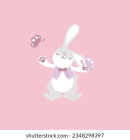 happy easter festival with animal pet bunny rabbit and butterfly, pastel color, flat vector illustration cartoon character