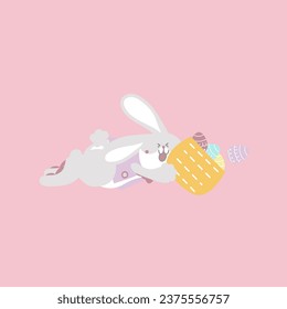 happy easter festival with animal pet bunny rabbit and basket of egg, pastel color, flat vector illustration cartoon character