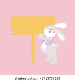 happy easter festival with animal pet bunny rabbit and blank sign banner, pastel color, flat vector illustration cartoon character