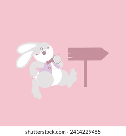 happy easter festival with animal pet bunny rabbit and blank sign banner, pastel color, flat vector illustration cartoon character
