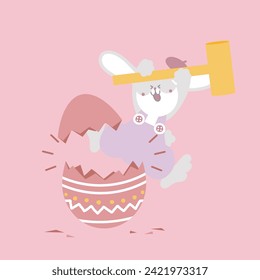 happy easter festival with animal pet bunny rabbit, hammer hatching the egg, pastel color, flat vector illustration cartoon character
