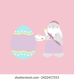 happy easter festival with animal pet bunny rabbit, paintbrush, color palette and egg, pastel color, flat vector illustration cartoon character