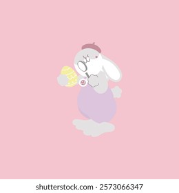 happy easter festival with animal pet bunny rabbit use magnifying glass to analyzing egg, pastel color, flat vector illustration cartoon character