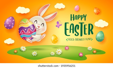 Happy Easter! Easter festival background with bunny and eggs on grass.