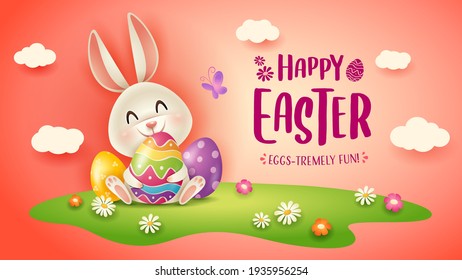 Happy Easter! Easter festival background with bunny and eggs on grass.