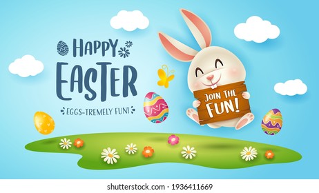 Happy Easter! Easter festival background with bunny and eggs on grass.