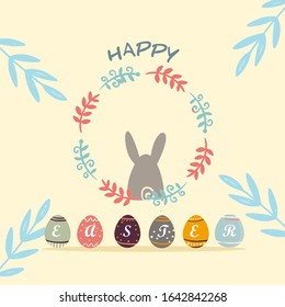 Happy Easter festival |Rabbit and eggs colorful with text and leaf design. Vector for greeting card, benner, template, postcard, poster, media.