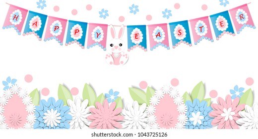 Happy Easter. Festive background with 3d paper flowers, decorative egg and easter bunny. Romantic design with paper cut flovers in pastel colors. For postcards, banners, posters.