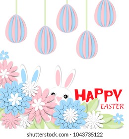 Happy Easter. Festive background with 3d paper flowers, decorative egg and easter bunny. Romantic design with paper cut flovers in pastel colors. For postcards, banners, posters.