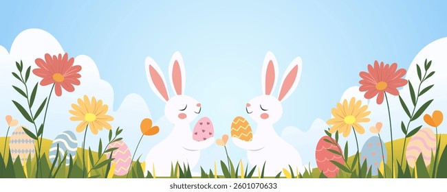 Happy Easter festive background with bunnies, colorful eggs and flowers. Easter bunnies, eggs and flowers on sunset background for design. Vector illustration for Easter with happy bunnies and eggs.