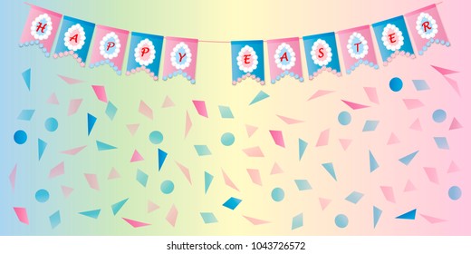 Happy easter. Festive background with colorful confetti and garland with congratulations. Party. Celebration. Vector.