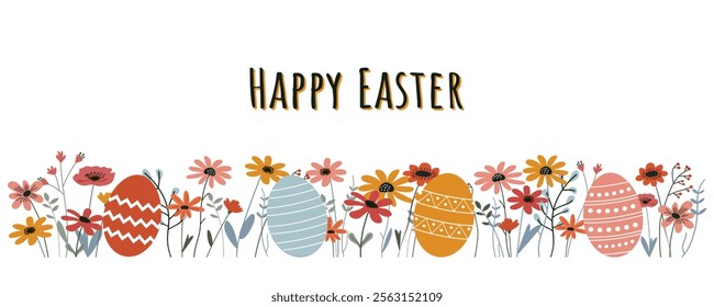 Happy Easter festive background with colorful eggs and flowers. Easter eggs and flowers on a white background for design. Vector illustration for Easter.