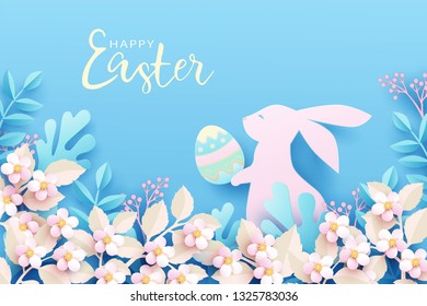 Happy Easter festive background. Cute bunny in spring nature holds an easter egg in its paws. Easter holiday greeting card, flyer, banner, poster and template design. Paper art, digital craft style