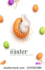 Happy Easter. Festive background design with realistic colorful eggs, easter bunny, rabbit in an egg. Gold glitter confetti. Holiday Banner and web poster, flyer and brochure. Vector illustration