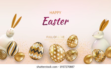 Feliz Pascua. Diseño de fondo festivo con huevos de colores realistas, conejito de Pascua. Papel de brillo de oro. Banner web festivo.Ilustración vectorial