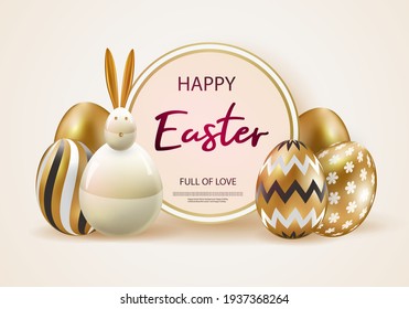 Happy easter. Festive background design with realistic colorful eggs, easter bunny. Gold glitter confetti. Festive web banner.Vector illustration