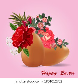 Happy Easter. Festive background with realistic chicken eggs and red roses. Vector illustration for postcards, posters, advertisements, websites.