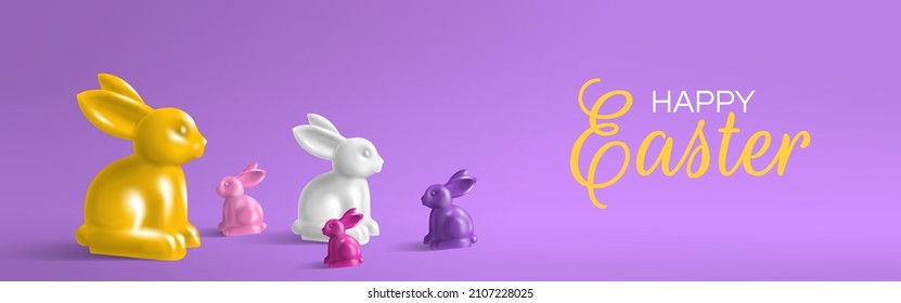 happy easter festive banner with 3d rabbit bunny figures on purple background vector illustration