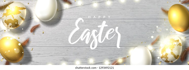 Happy Easter festive banner. Beautiful background with realistic white and golden eggs, sparkling gold confetti, shining garlands and chicken feathers. Holiday vector illustration with effect bokeh.