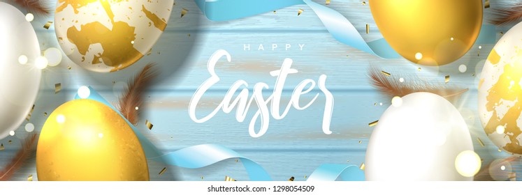 Happy Easter festive banner. Beautiful banner with realistic white and gold Easter eggs, sparkling golden confetti, satin ribbons and chicken feathers. Holiday vector illustration.