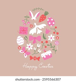 Happy Easter festive banner, card template. Cute egg shape frame with dove, eggs, carrot, flowers background.