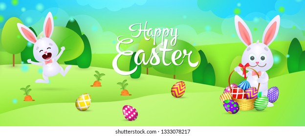 Happy Easter festive banner design. Funny rabbits enjoying egg hunt on meadow. Illustration can be used for posters, flyers, greeting card